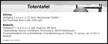 Anzeige von Totentafel vom 12.01.2017 von MGO