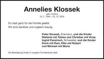 Anzeige von Annelies Klossek von MGO