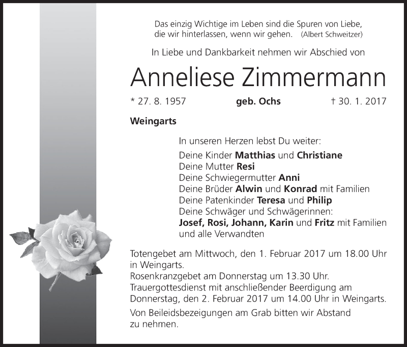  Traueranzeige für Anneliese Zimmermann vom 31.01.2017 aus MGO