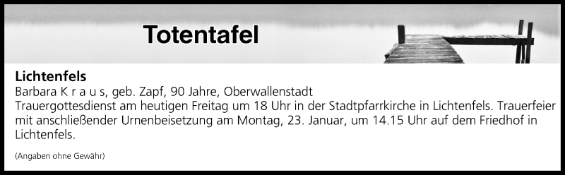  Traueranzeige für Totentafel vom 20.01.2017 vom 20.01.2017 aus MGO
