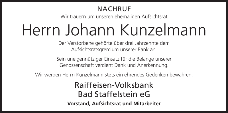  Traueranzeige für Johann Kunzelmann vom 28.01.2017 aus MGO
