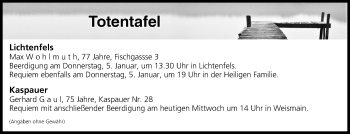 Anzeige von Totentafel vom 04.01.2017 von MGO