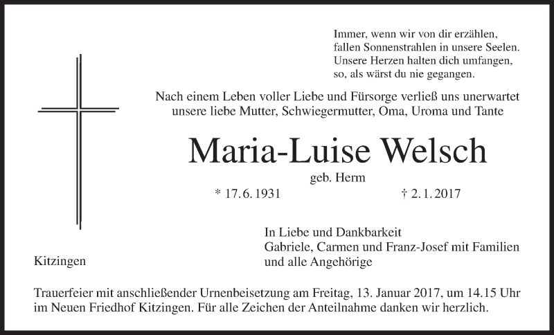  Traueranzeige für Maria-Luise Welsch vom 10.01.2017 aus MGO