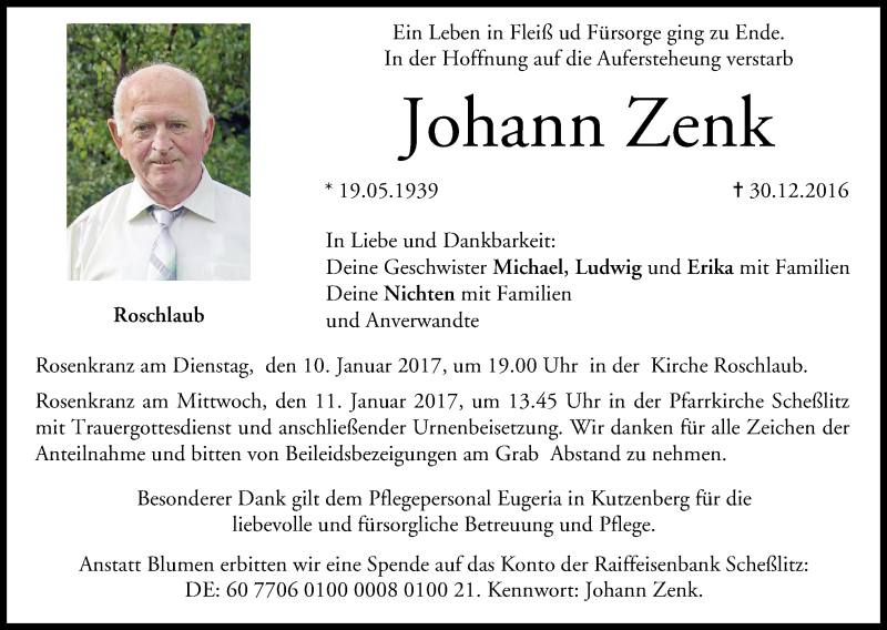  Traueranzeige für Johann Zenk vom 06.01.2017 aus MGO