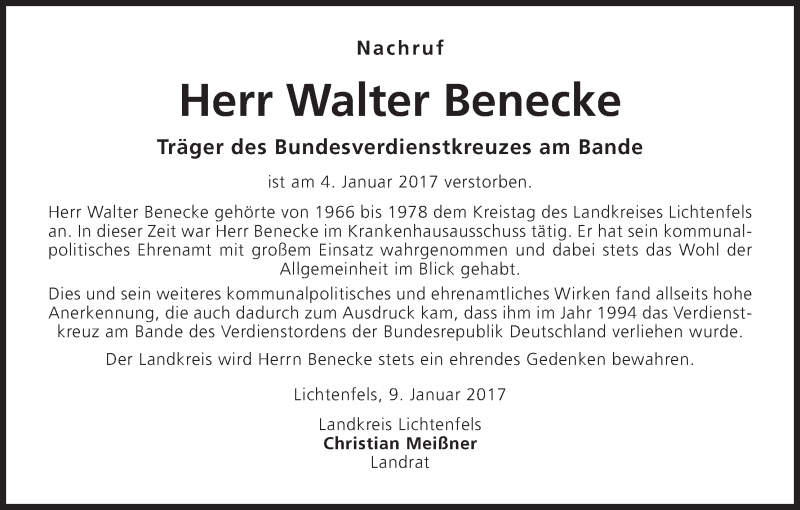  Traueranzeige für Walter Benecke vom 11.01.2017 aus MGO