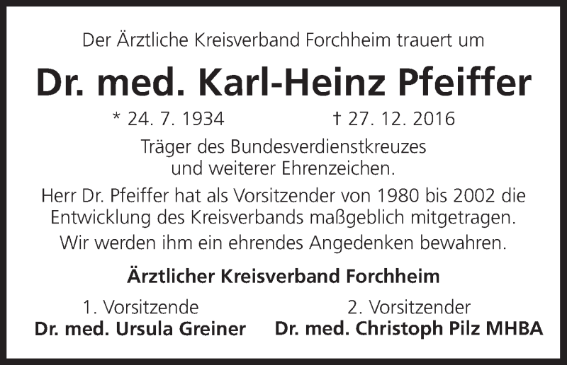  Traueranzeige für Karl-Heinz Pfeiffer vom 05.01.2017 aus MGO