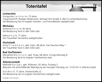 Anzeige von Totentafel vom 31.01.2017 von MGO