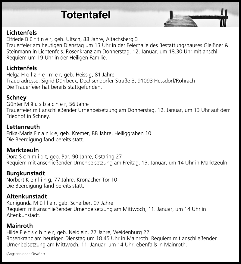  Traueranzeige für Totentafel vom 10.01.2017 vom 10.01.2017 aus MGO