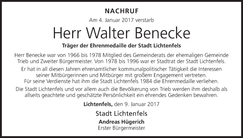 Traueranzeige für Walter Benecke vom 10.01.2017 aus MGO