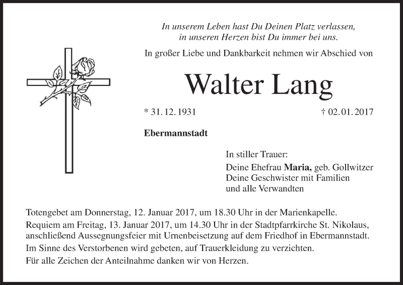  Traueranzeige für Walter Lang vom 10.01.2017 aus MGO