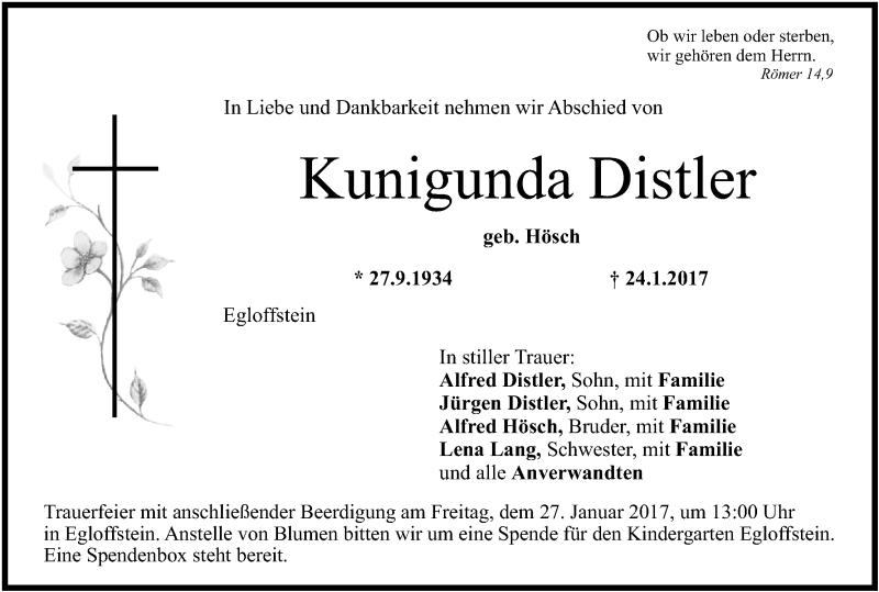  Traueranzeige für Kunigunda Distler vom 25.01.2017 aus MGO