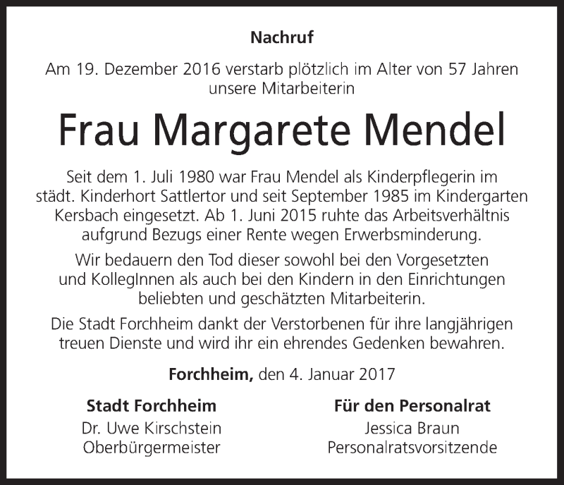  Traueranzeige für Margarete Mendel vom 04.01.2017 aus MGO