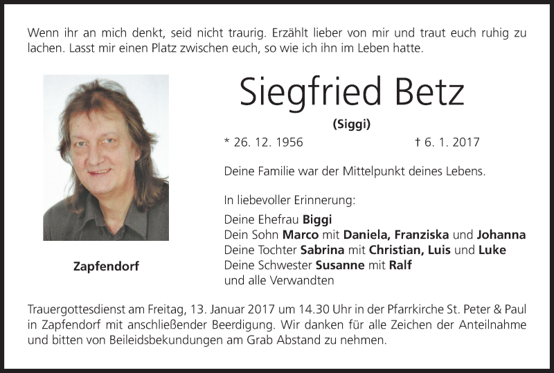  Traueranzeige für Siegfried Betz vom 11.01.2017 aus MGO