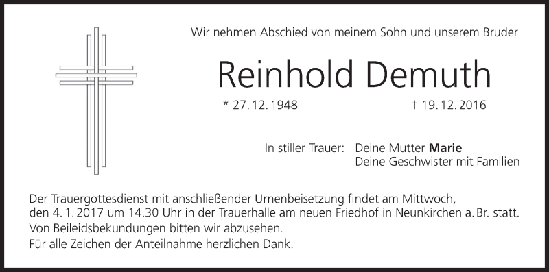  Traueranzeige für Reinhold Demuth vom 03.01.2017 aus MGO
