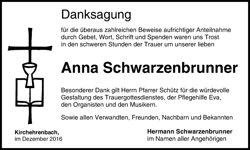  Traueranzeige für Anna Schwarzenbrunner vom 21.01.2017 aus MGO