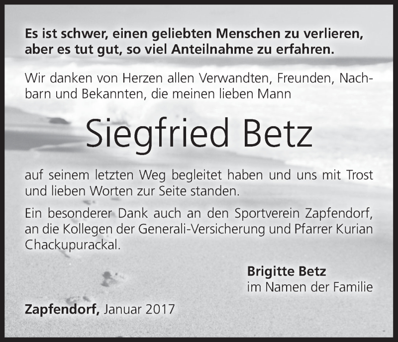  Traueranzeige für Siegfried Betz vom 21.01.2017 aus MGO