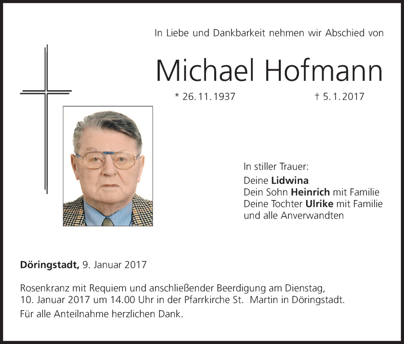  Traueranzeige für Michael Hofmann vom 09.01.2017 aus MGO