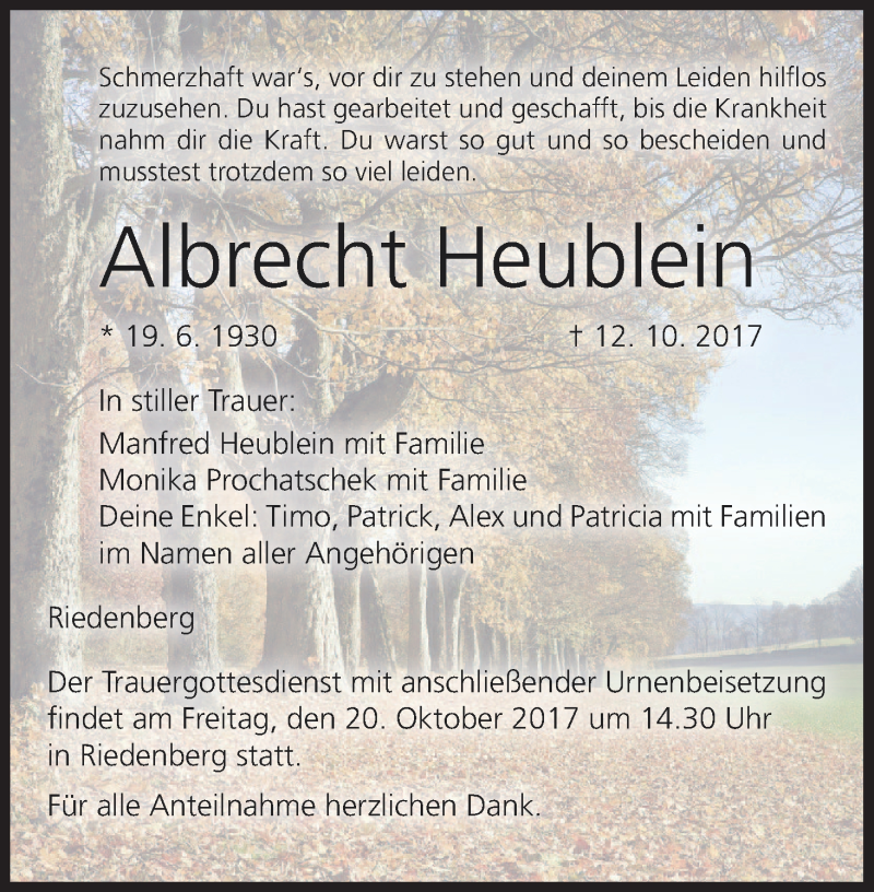  Traueranzeige für Albrecht Heublein vom 17.10.2017 aus MGO