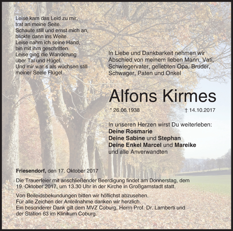  Traueranzeige für Alfons Kirmes vom 17.10.2017 aus MGO