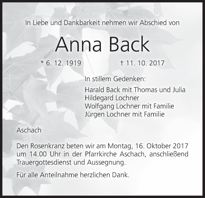  Traueranzeige für Anna Back vom 14.10.2017 aus MGO