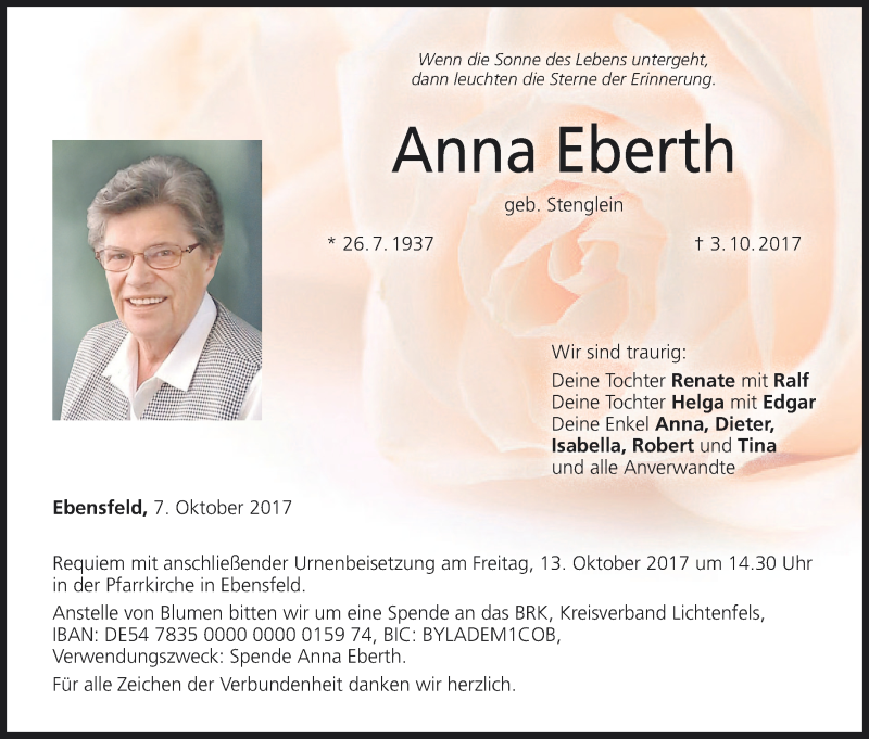  Traueranzeige für Anna Eberth vom 07.10.2017 aus MGO