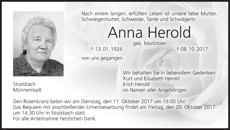  Traueranzeige für Anna Herold vom 14.10.2017 aus MGO