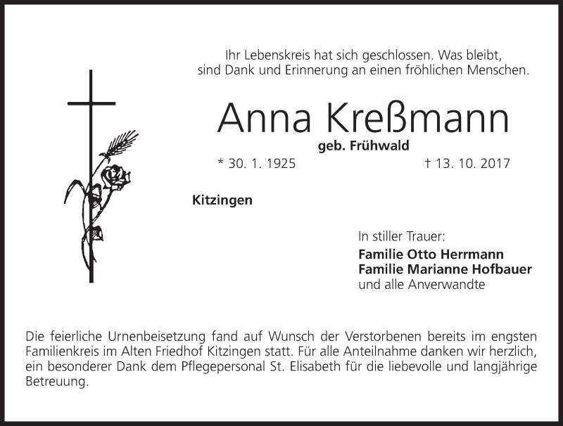  Traueranzeige für Anna Kreßmann vom 21.10.2017 aus MGO