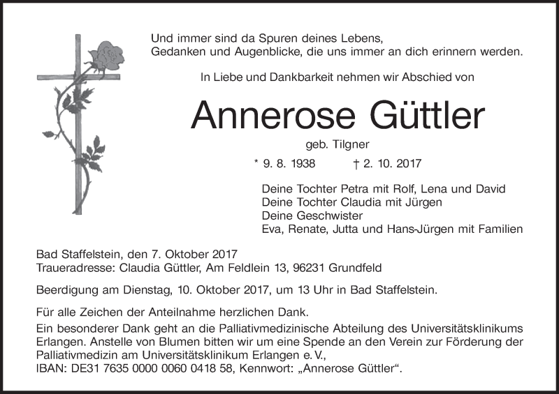  Traueranzeige für Annerose Güttler vom 07.10.2017 aus MGO