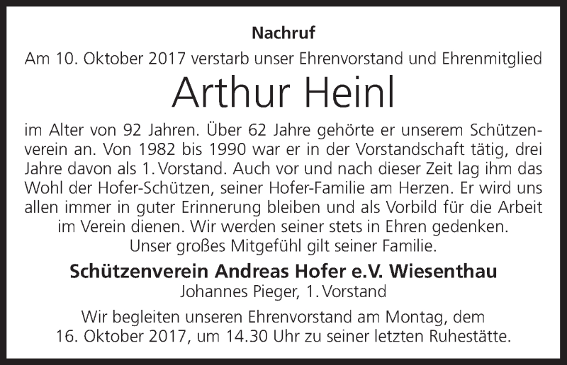  Traueranzeige für Arthur Heinl vom 14.10.2017 aus MGO