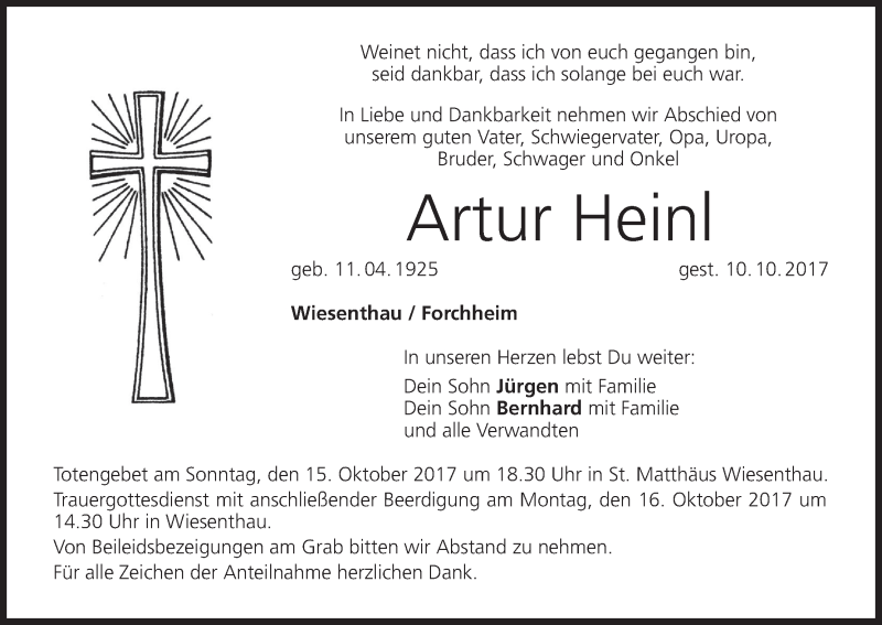  Traueranzeige für Artur Heinl vom 13.10.2017 aus MGO