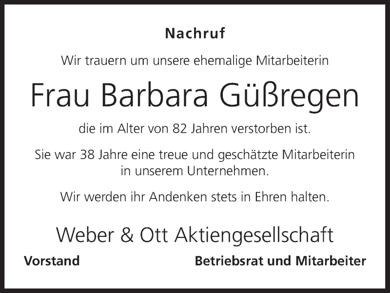  Traueranzeige für Barbara Güßregen vom 06.10.2017 aus MGO
