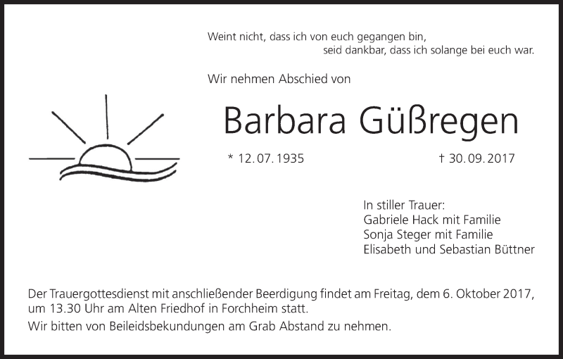  Traueranzeige für Barbara Güßregen vom 05.10.2017 aus MGO