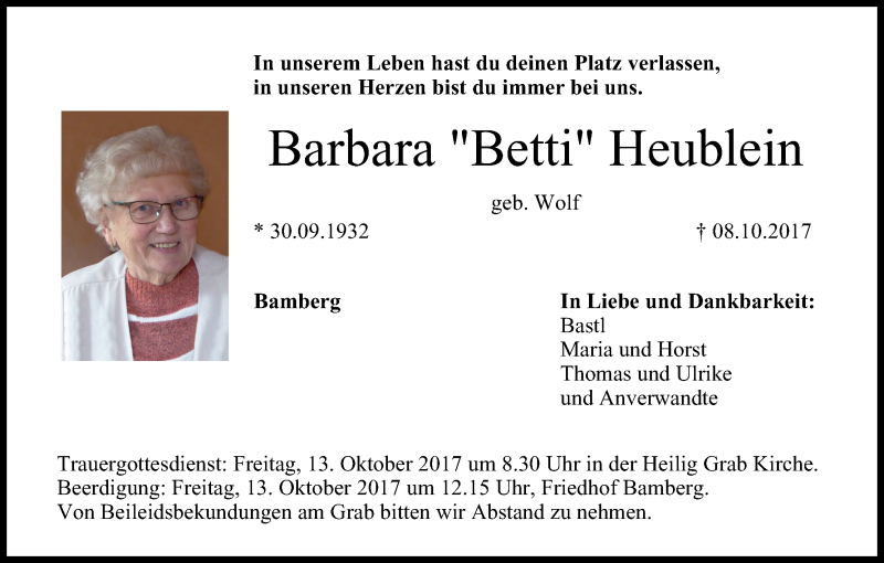  Traueranzeige für Barbara Betti Heublein vom 12.10.2017 aus MGO
