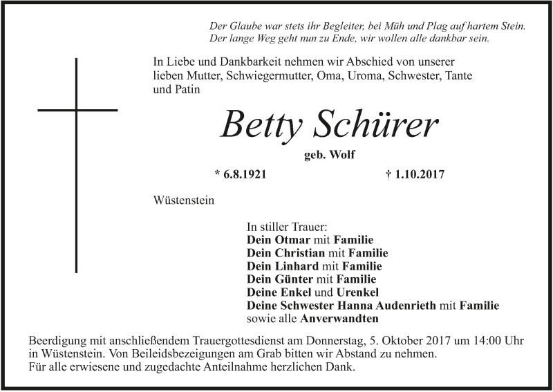  Traueranzeige für Betty Schürer vom 03.10.2017 aus MGO