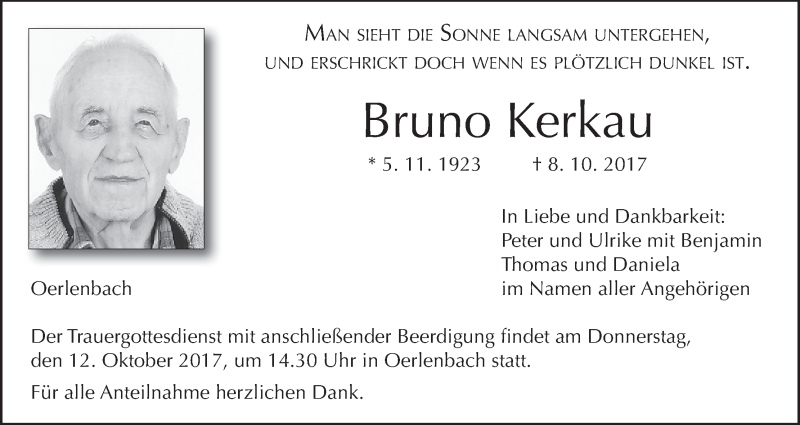  Traueranzeige für Bruno Kerkau vom 11.10.2017 aus MGO