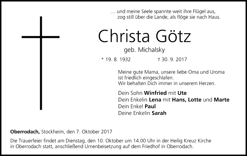  Traueranzeige für Christa Götz vom 07.10.2017 aus MGO
