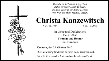 Anzeige von Christa Kanzewitsch von MGO