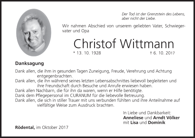  Traueranzeige für Christof Wittmann vom 14.10.2017 aus MGO