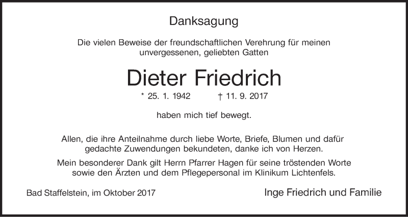  Traueranzeige für Dieter Friedrich vom 07.10.2017 aus MGO