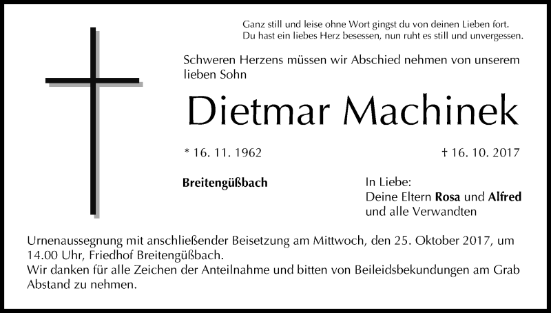  Traueranzeige für Dietmar Machinek vom 21.10.2017 aus MGO