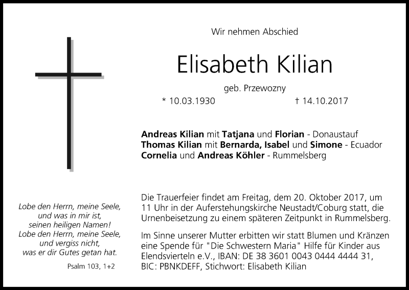  Traueranzeige für Elisabeth Kilian vom 17.10.2017 aus MGO