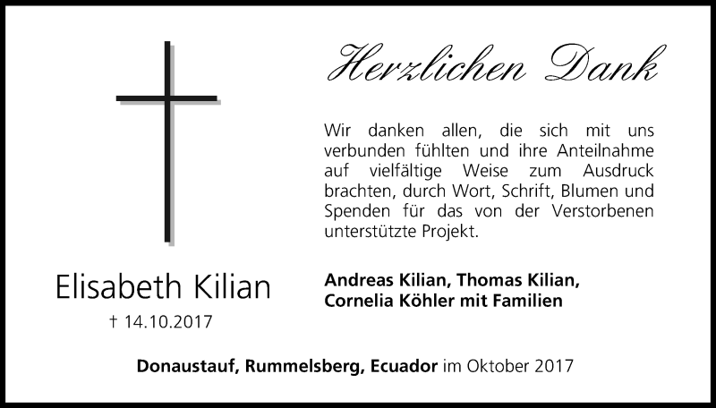  Traueranzeige für Elisabeth Kilian vom 28.10.2017 aus MGO