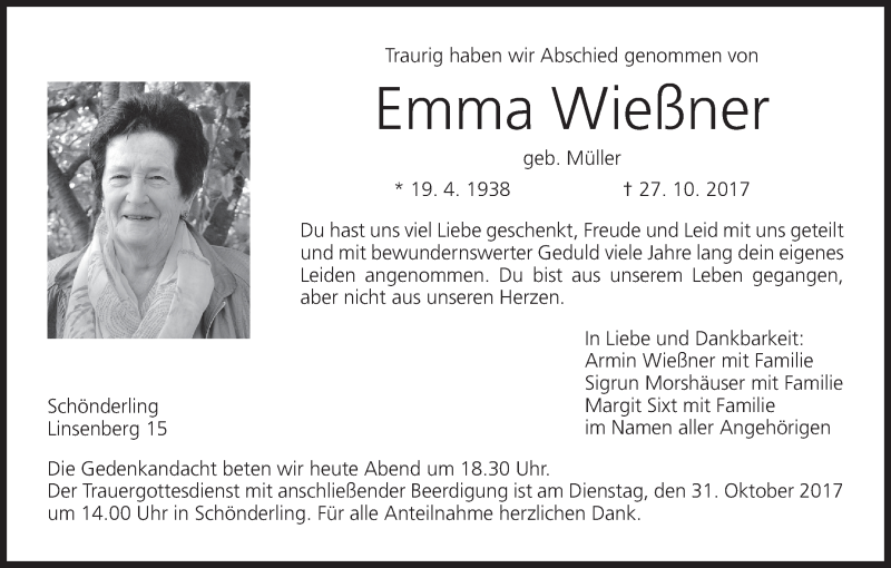 Traueranzeige für Emma Wießner vom 30.10.2017 aus MGO