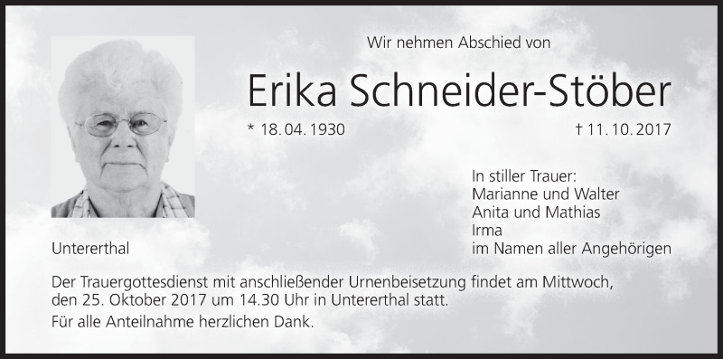  Traueranzeige für Erika Schneider-Stöber vom 21.10.2017 aus MGO