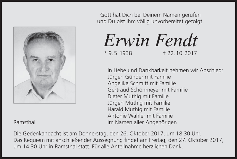 Traueranzeige für Erwin Fendt vom 25.10.2017 aus MGO