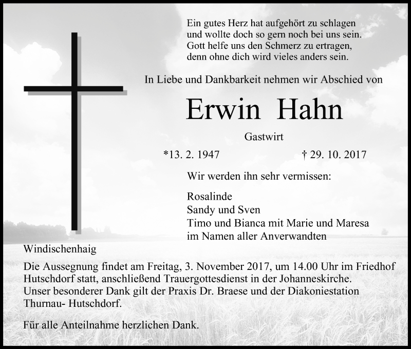  Traueranzeige für Erwin Hahn vom 31.10.2017 aus MGO