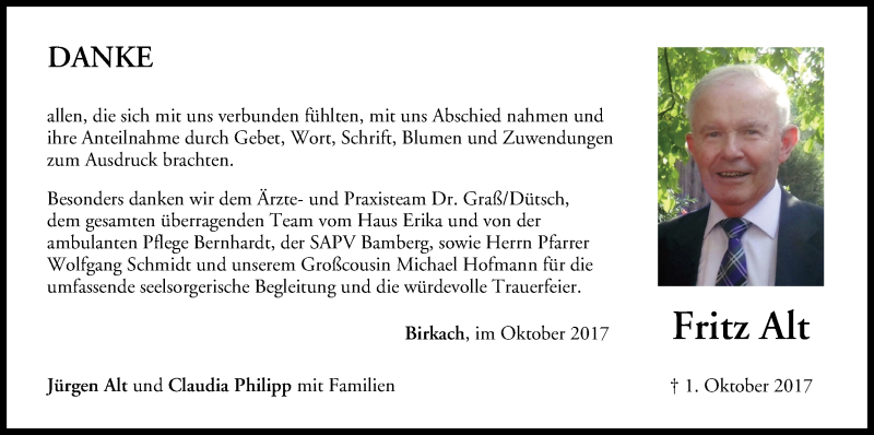  Traueranzeige für Fritz Alt vom 28.10.2017 aus MGO