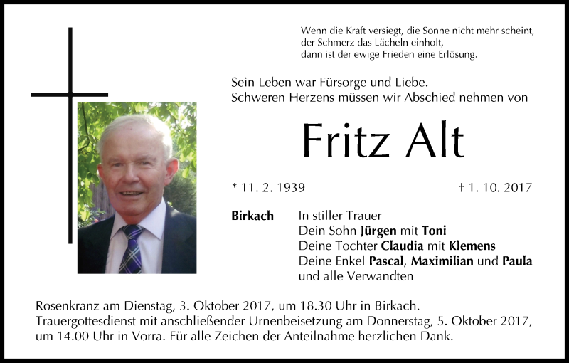  Traueranzeige für Fritz Alt vom 03.10.2017 aus MGO