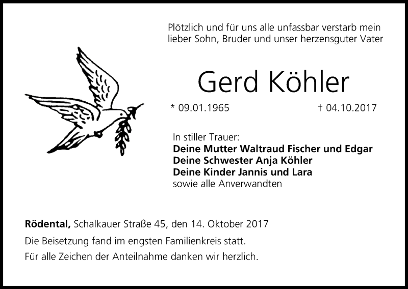  Traueranzeige für Gerd Köhler vom 14.10.2017 aus MGO