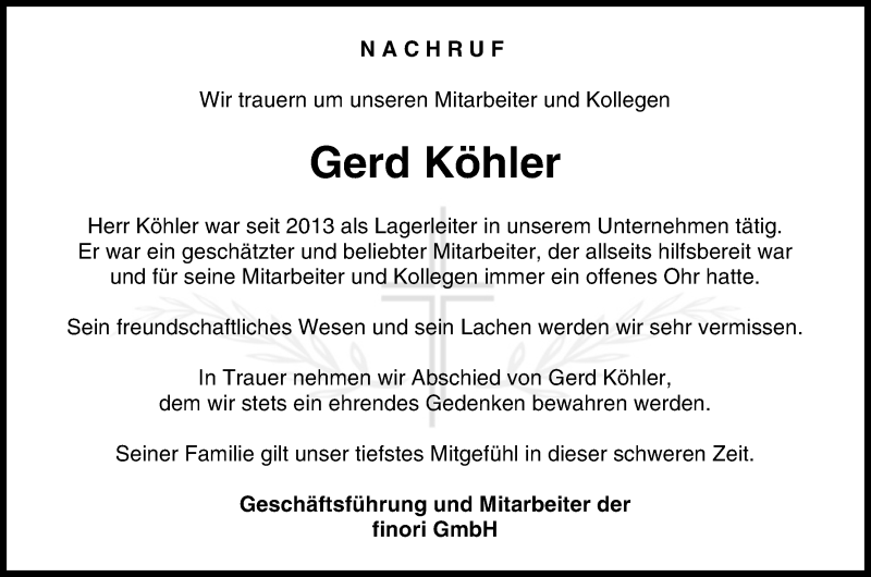  Traueranzeige für Gerd Köhler vom 18.10.2017 aus MGO